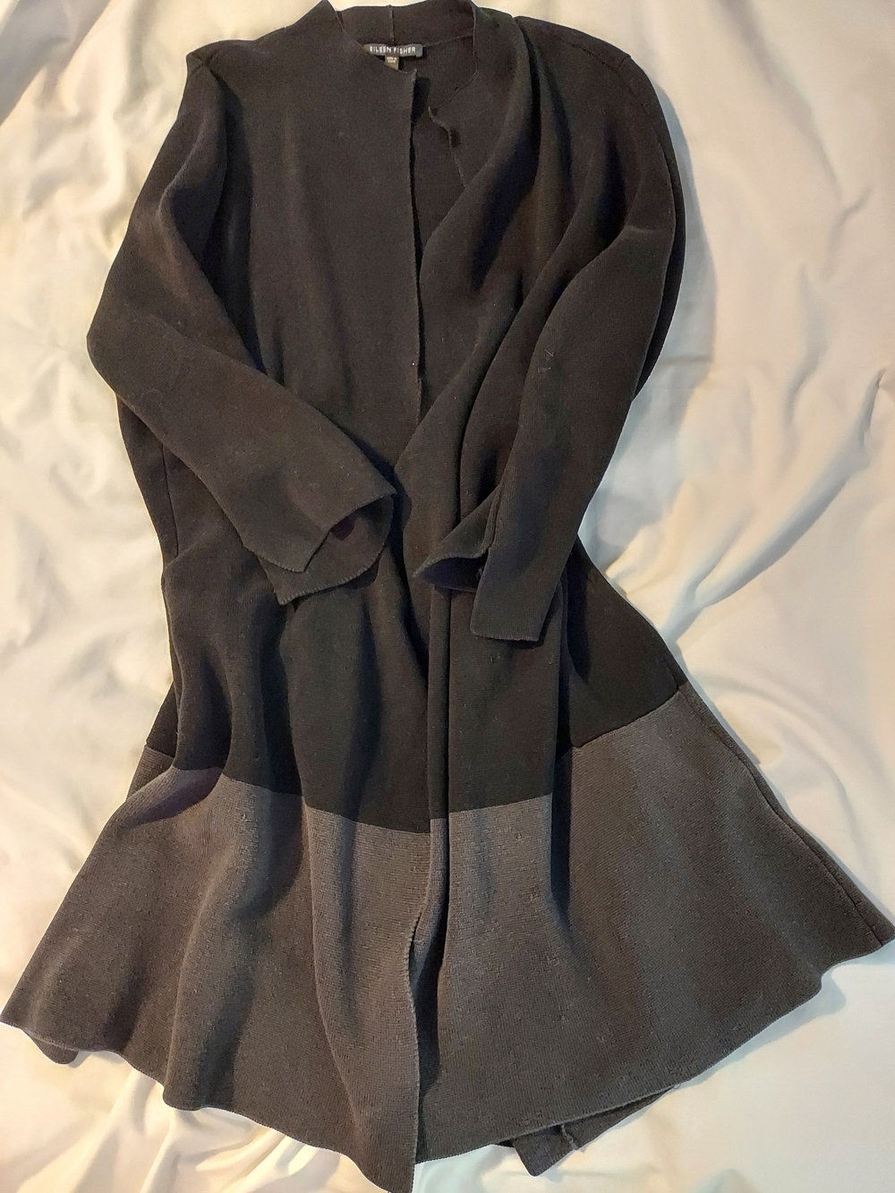 Eileen Fisher Colorblock Long Kimono Cardigan Silk Blend Gray Black - Picture 9 of 9